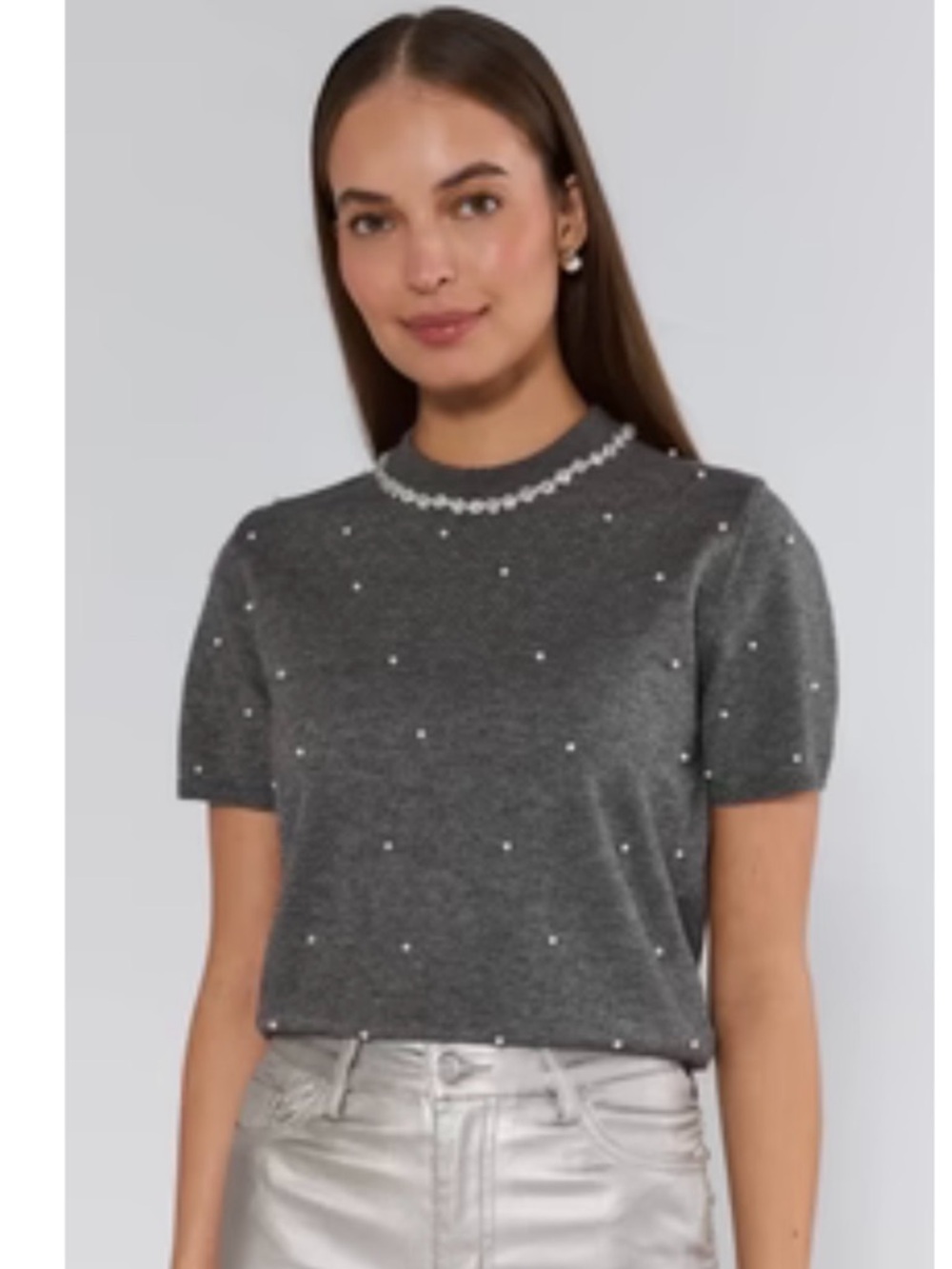 Avara Baylor gray Charcoal Embellished Short Sleeve Knit sweater Small